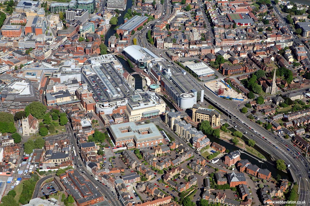 Reading town centre and The Oracle Shopping Centre  aerial photograph