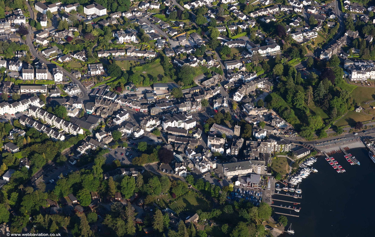 Bowness-on-Windermere town centre Cumbria Lake District from the air