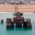 The ruins of West Pier, Brighton lie derelict and abandoned, viewed from the air