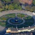 Queens Gardens Hull showing people sitting round the fountain on a summer evening.   aerial photograph