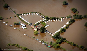 flooded caravans at Forthampton, Gloucestershire during the great River Severn floods of 2007  aerial photograph 