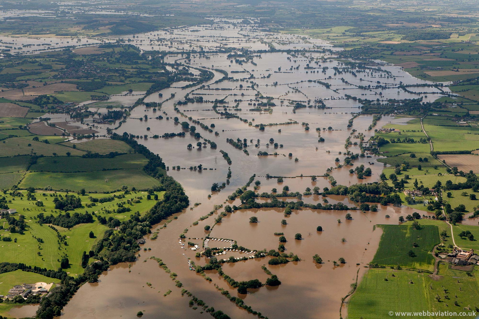 flooding on  River Severn Gloucestershire at Lower Lode during the great River Severn floods of 2007 from the air