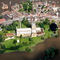 Tewkesbury Abbey during the great floods of 2007 from the air
