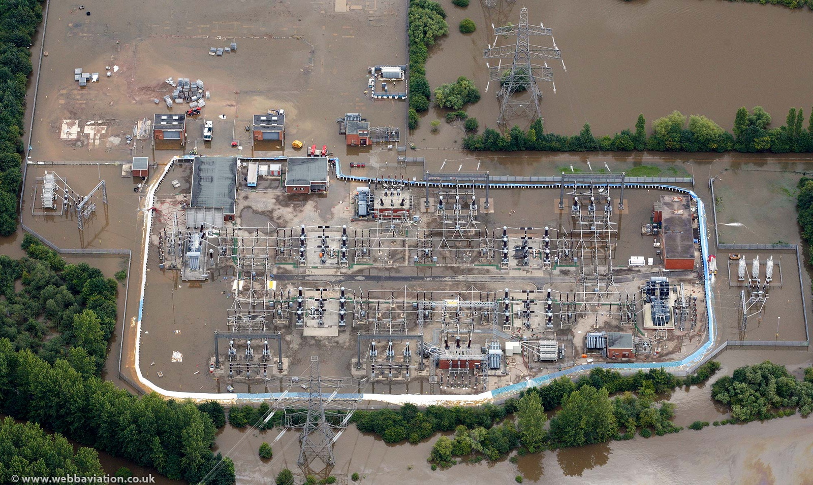 Walham Substation during the great River Severn floods of 2007 from the air