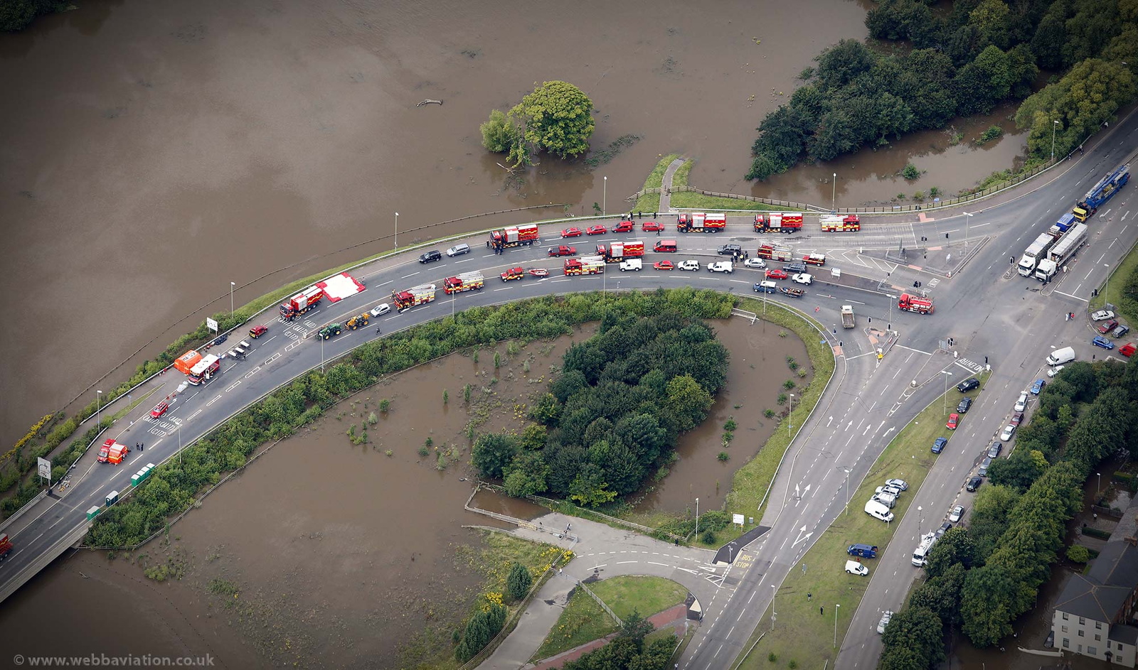  the gathering of Emergency Services in Gloucester  during the great River Severn floods of 2007 from the air