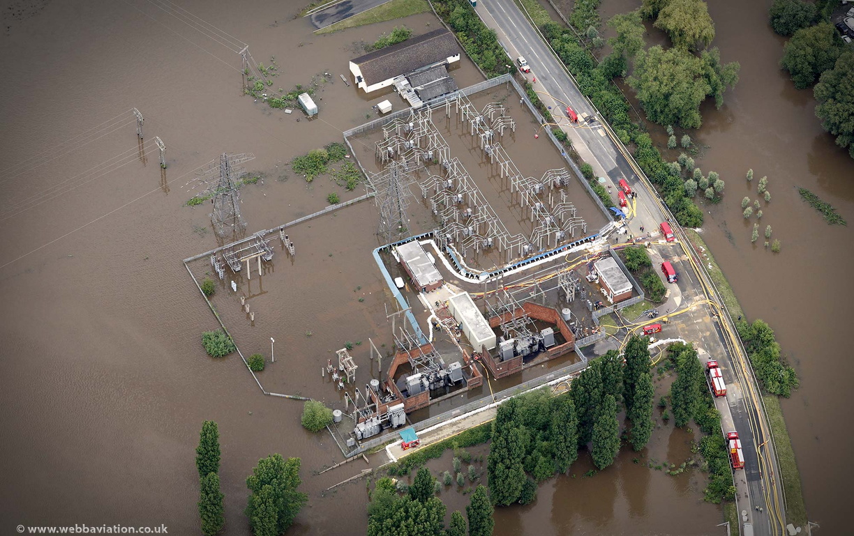 Castle Mead Electrical substation Gloucester  during the great River Severn floods of 2007 from the air