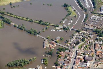   looking along the flooded River Avon in  Tewkesbury during the great floods of 2007 from the air
