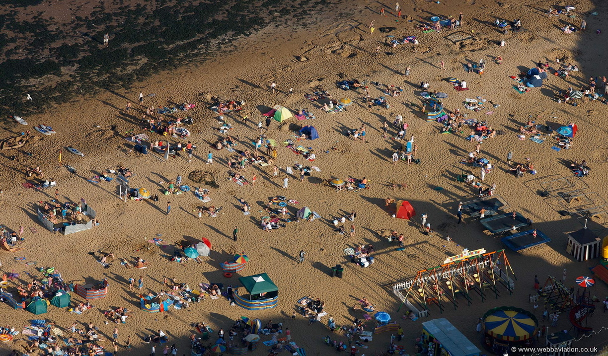 crowded beach at  Broadstairs from the air