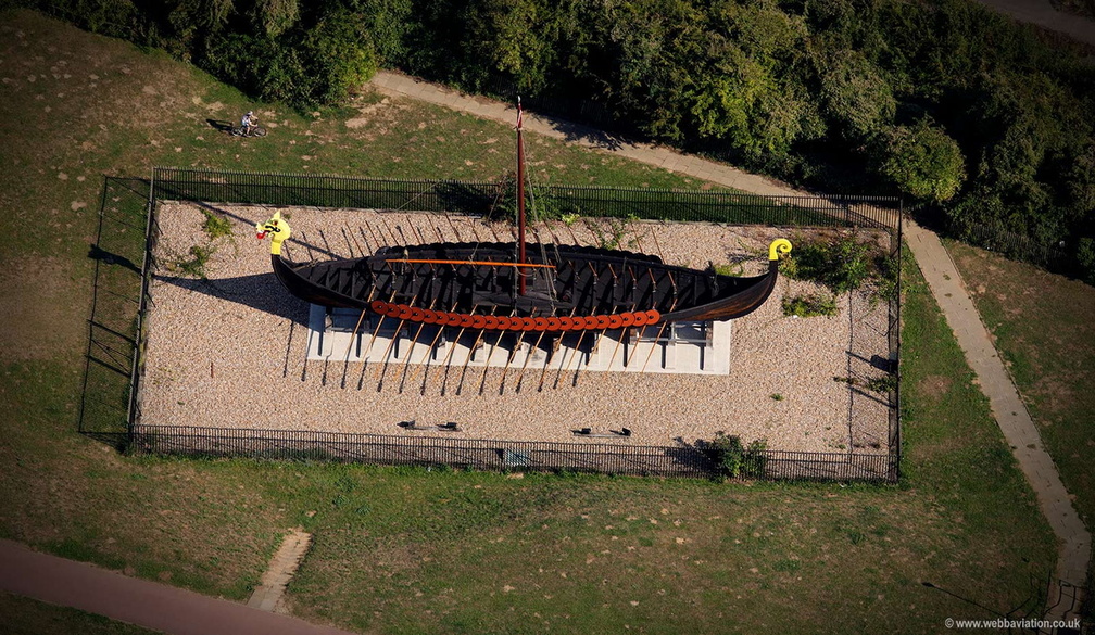 The Viking Ship Hugin  Pegwell Bay Kent  England UK aerial photograph