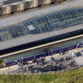 Northern Rail train at  Blackburn railway station from the air  