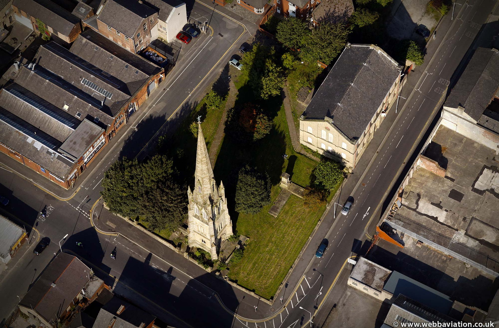 the spire of St. Peter's Church, Blackburn from the air  