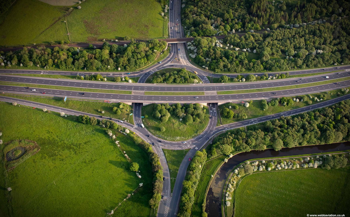 Hapton Interchange,  junction 8 of the M65 Motorway where it intersects with the A56 from the air