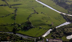 ancient ridge and furrow field patterns alongside the River Calder in  Burnley from the air