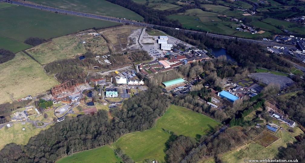 derelict and abandoned  Camelot Theme Park near Chorley from the air 