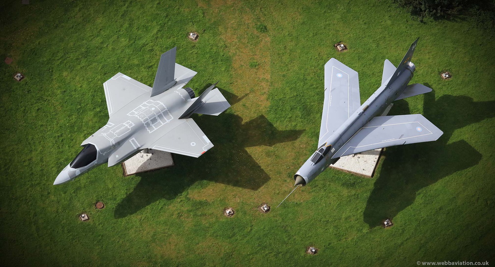 F-35 Lightning II and English Electric Lightning gate guardians at BAE Samlesbury  from the air