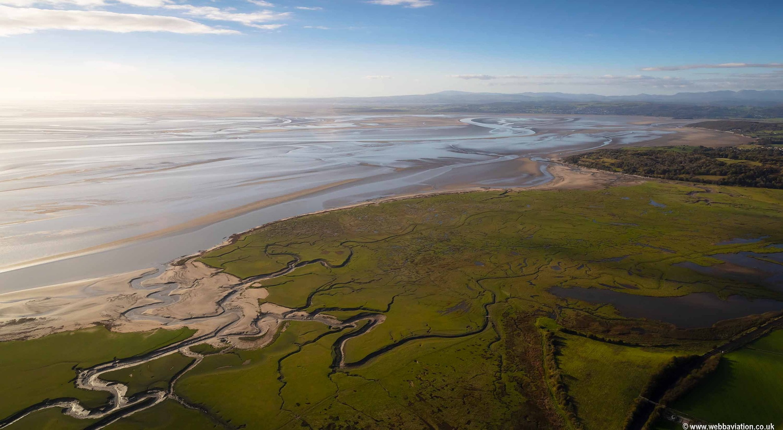 Warton Marshes, an intertidal salt marsh on the edge of   Morecambe Bay from the air