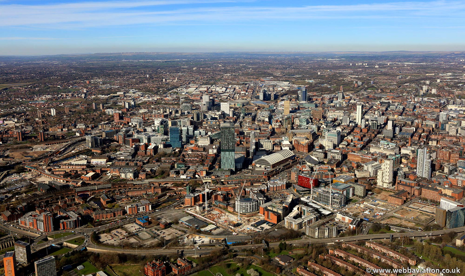 Manchester skyline panorama from the air 