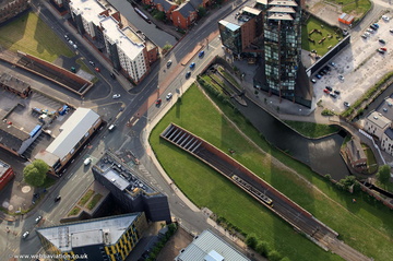 Metrolink underpass and bridge under Great Ancoats Street , Manchester, from the air 