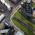 Metrolink underpass and bridge under Great Ancoats Street , Manchester, from the air 