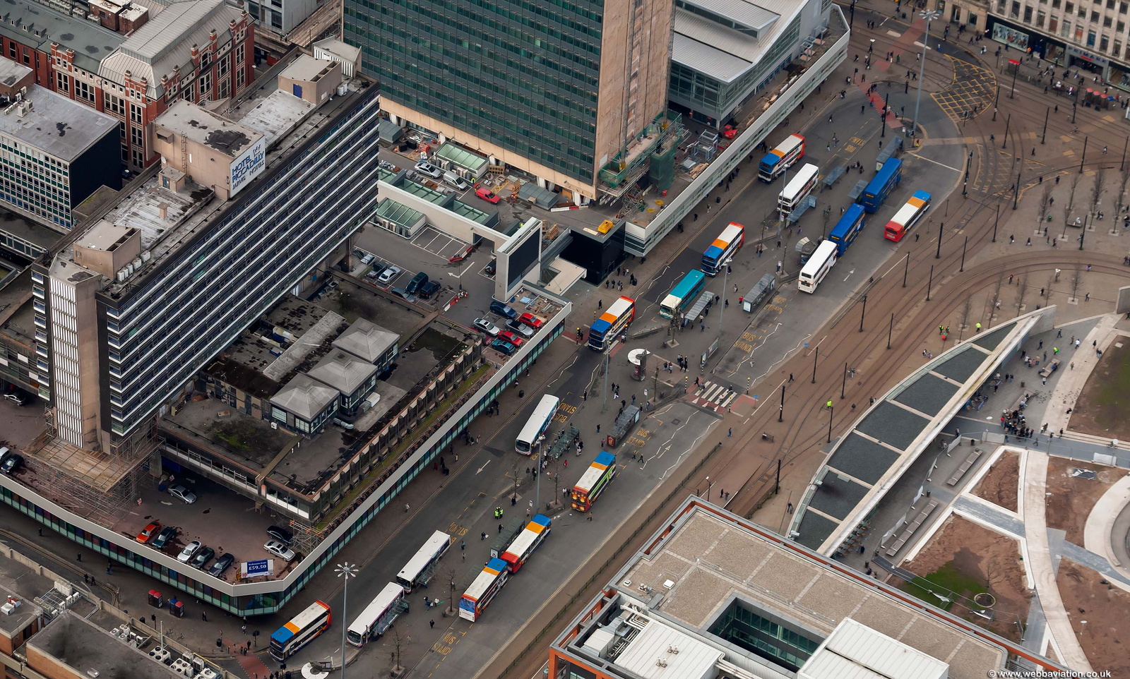 Manchester Piccadilly Gardens bus station aerial photo 
