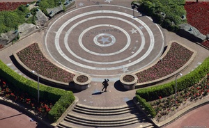  the statue of Eric Morcambe in Morcambe by artist Graham Ibbeson aerial photo