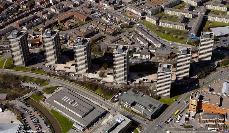  Seven Sisters tower blocks in , Rochdale from the air