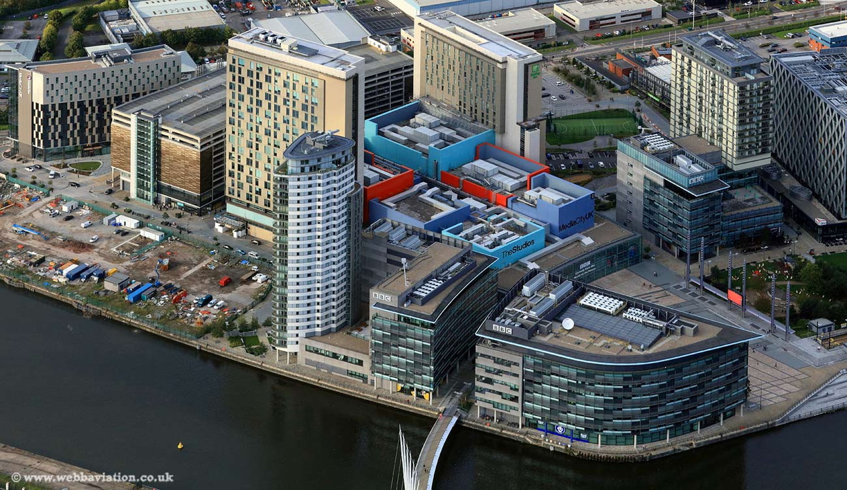 MediaCityUK at Salford Quays  including the new BBC studios aerial photograph