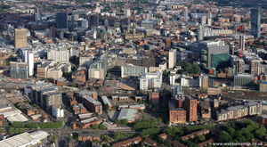 Manchester city centre from the west looking east  from the air 
