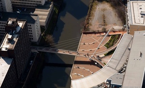  Trinity Bridge, a footbridge over the River Irwell   from the air