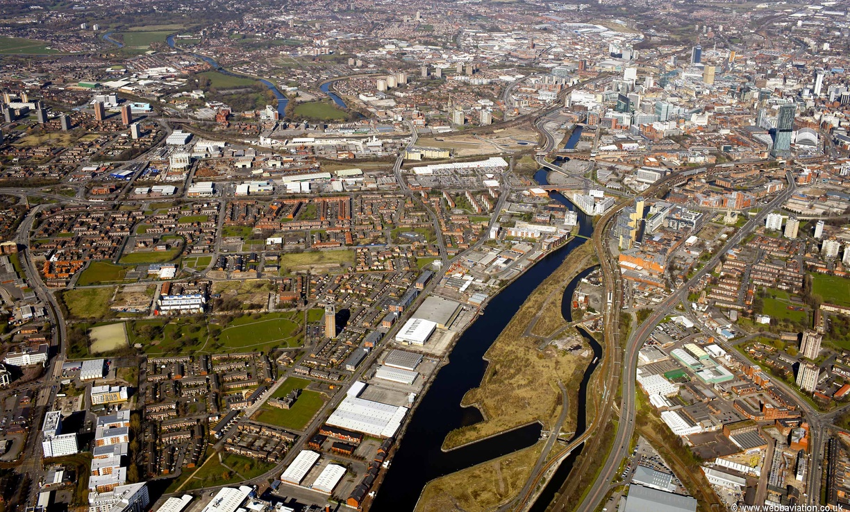 Ordsall Lane Salford showing the area around the River Irwell and Pomana Island from the air