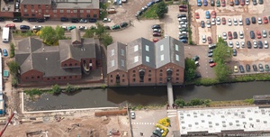 former canal warehouses on the Leicester Line of the Grand Union Canal , Leicester   from the air