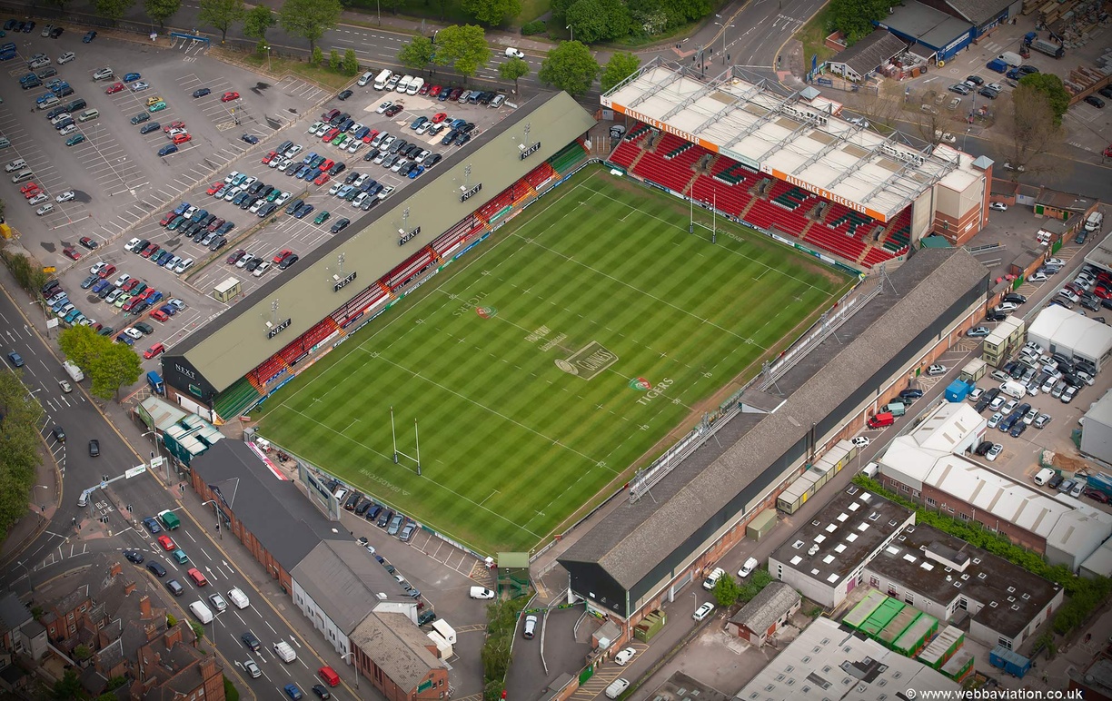 Welford Road Rugby Stadium, Leicester, home to Leicester Tigers Rugby Club  from the air