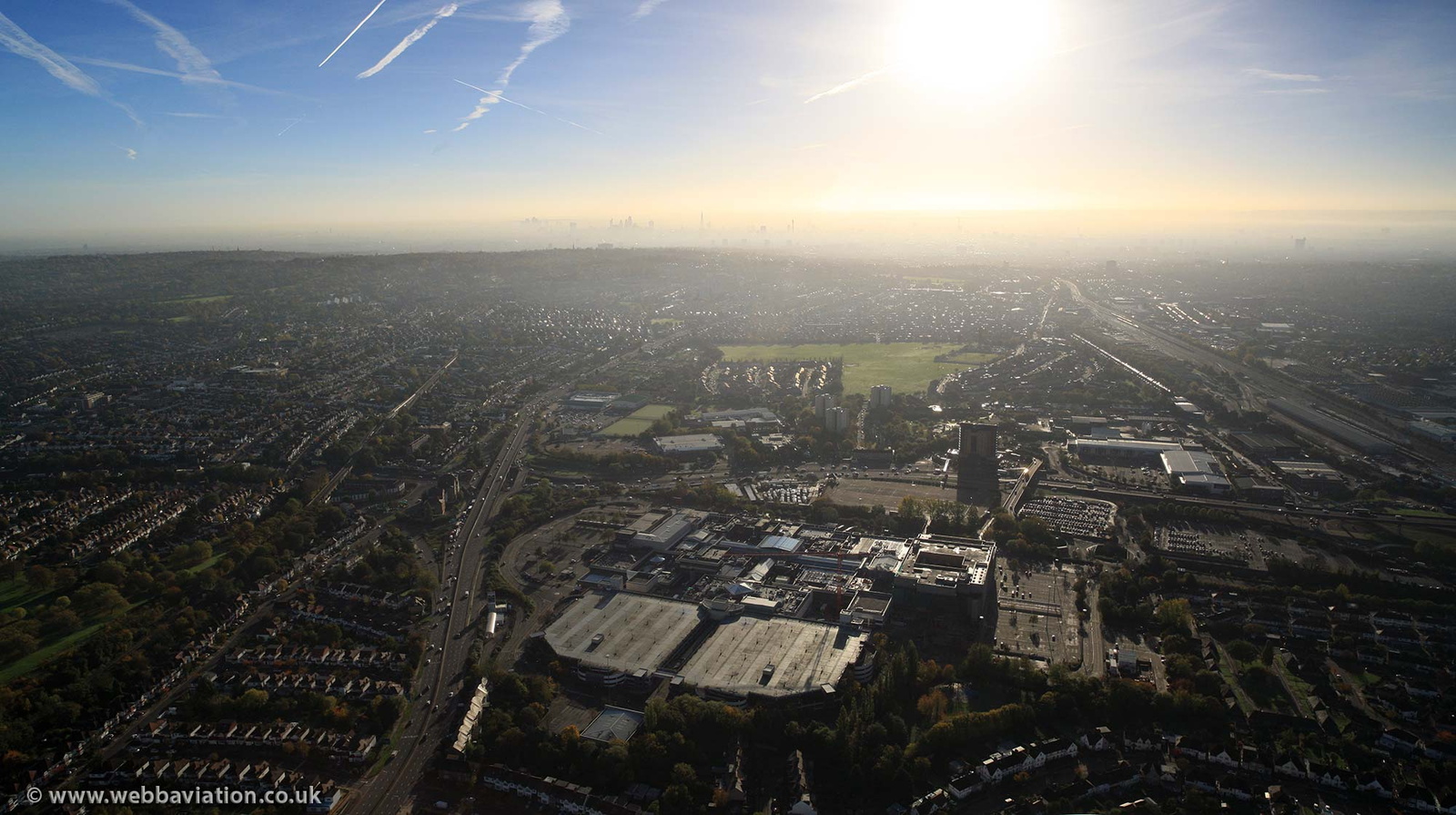 dawn breaks on another shopping day - Brent Cross Shopping Centre  London  aerial photo  