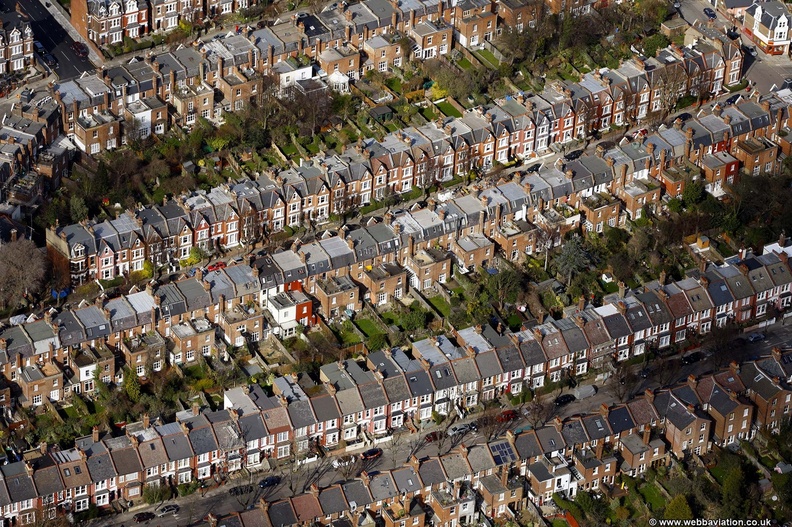 rows of terraced houses in Islington London from the air
