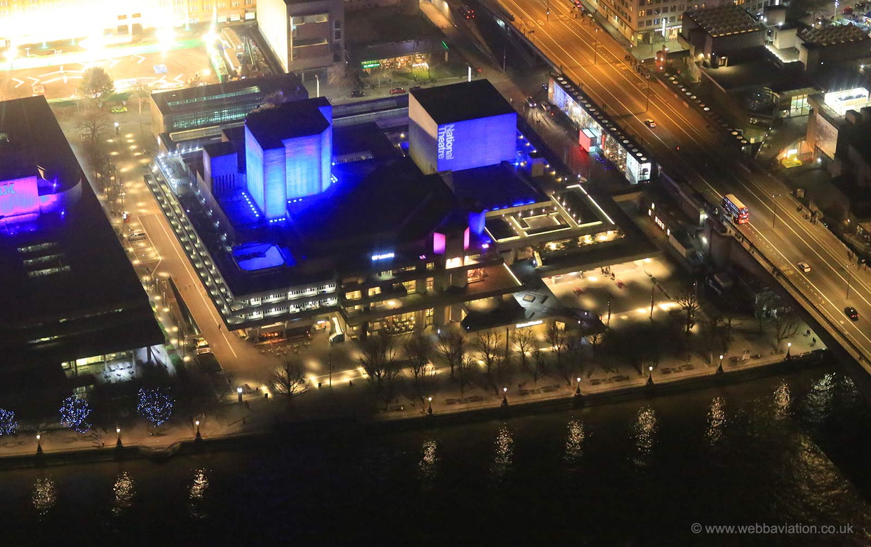 the National Theatre London at night from the air
