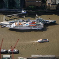 MS Hanseatic cuise ship moored next to HMS Belfast in London  from the air