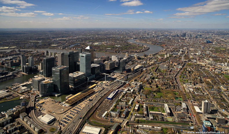 London's two financial centres in one aerial photograph London-  Docklands & City of London  from the air