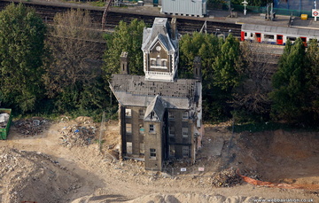 demolition of St Andrews Hospital. Devas Street, London  from the air