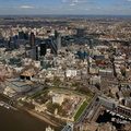 Tower of London with the City of London and the Square Mile behind from the air