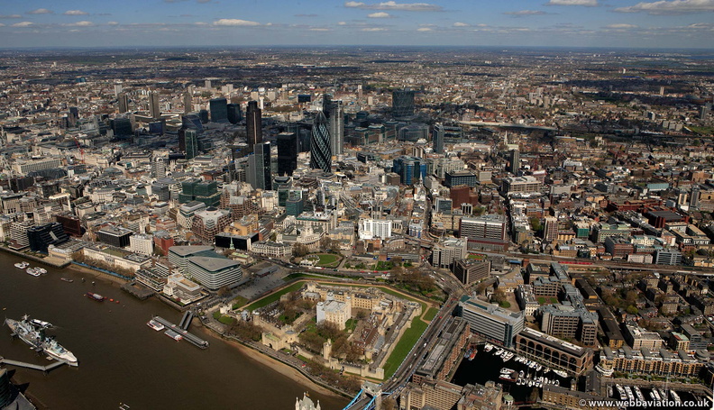 Tower of London with the City of London and the Square Mile behind from the air