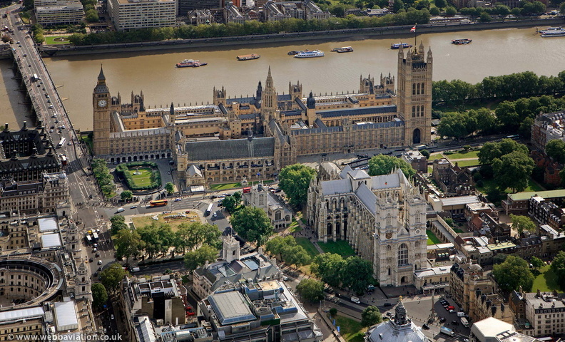  Westminster London England showing the Houses of Parliament and Westminster Abbey aerial photo  