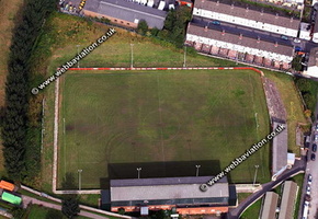 Valerie Park aka  Hope Street, football stadium in Prescot, Merseyside UK home of  Prescot Cables  aerial photograph 
