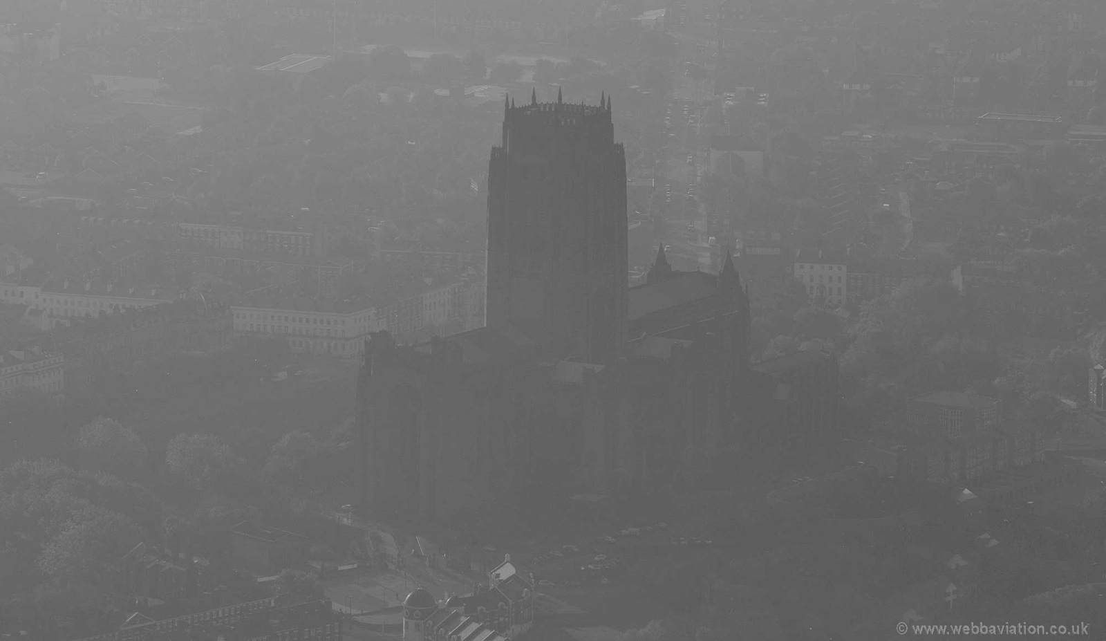 Liverpool Anglican Cathedral in the dawn mist of a foggy winters day