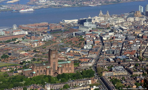 Liverpool with the Anglican Cathedral in the foreground aerial photograph