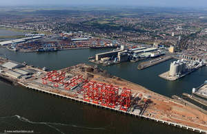 Megamax Cranes at  Royal Seaforth Dock Liverpool part of Liverpool FreeportMerseyside aerial photograph