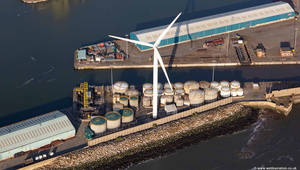  wind turbine at  Brocklebank Dock  Liverpool from the air