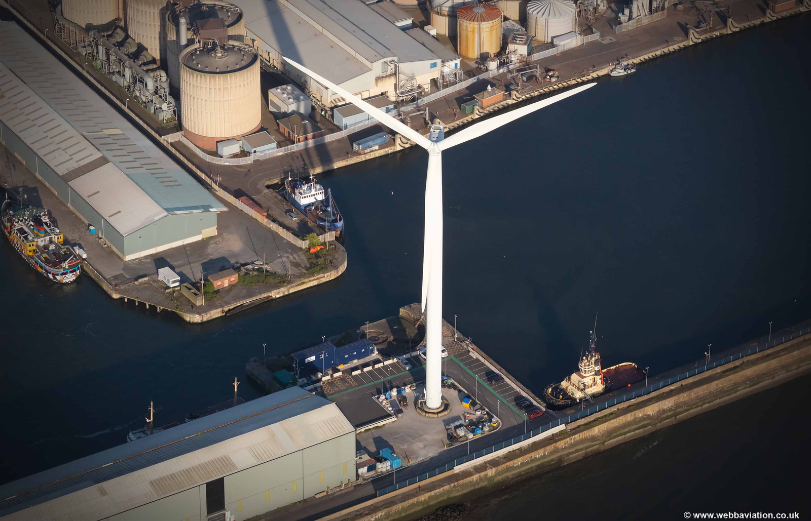  wind turbine at Sandown Half Tide  Dock Liverpool from the air