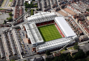 Anfield football stadium Liverpool, England UK home of Liverpool F.C.  aerial photograph 