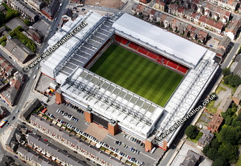 Anfield football stadium Liverpool, England UK home of Liverpool F.C.  aerial photograph 