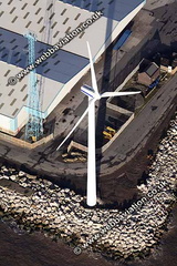 Windturbine  at Seaforth Docks Liverpool Merseyside aerial photograph